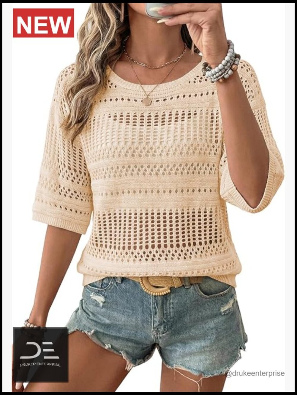 Crochet Half Sleeve Hollow Out Beach Vacation Top Lightweight Knit Pullover